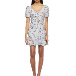 City Triangles Blue Floral Linen Blend Puff Sleeve Lined Dress